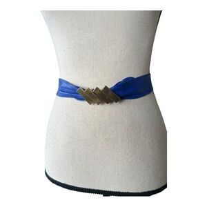 Vintage Reyman Ridless 80s Cobalt Blue Leather Sash Belt With Bold  Gold Buckle
